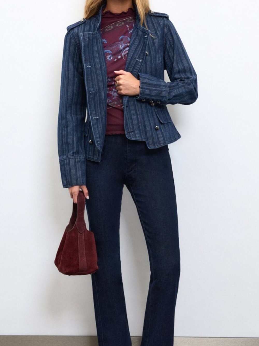 Blue Casual Women's Double-Breasted Denim Jacket